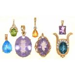 SEVEN GEM SET PENDANTS IN 9CT GOLD AND GOLD MARKED 9K, COMPRISING A PERIDOT AND DIAMOND PENDANT, A