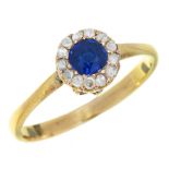 A CLOSED BACK SAPPHIRE AND ROSE CUT DIAMOND RING, LATE 19TH C adapted, on later 9ct gold hoop,