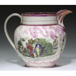 A SUNDERLAND LUSTRE JUG, 'GARRISON' POTTERY, C1830, with prints of the Wear Bridge, Sailor's