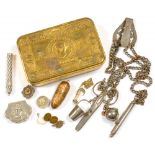 A BRASS CHRISTMAS 1914 TIN, A VICTORIAN PIERCED STEEL CHATELAINE HOOK WITH FOUR CHAINS AND