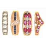 TWO RUBY AND DIAMOND RINGS IN 9CT GOLD, A SAPPHIRE AND DIAMOND RING IN 9CT GOLD AND ANOTHER, 11.