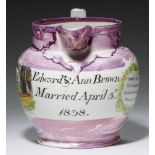 A SUNDERLAND LUSTRE MARRIAGE JUG, 'GARRISON' POTTERY, DATED 1838, with print of the Wear Bridge