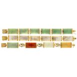 TWO CHINESE JADE PANEL BRACELETS IN GOLD MARKED 14K AND A MOTHER OF PEARL PANEL BRACELET IN GOLD