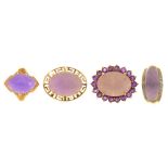 FOUR LAVENDER JADE RINGS IN 14CT GOLD, INCLUDING A LAVENDER JADE AND DIAMOND RING AND A LAVENDER