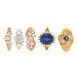 FIVE GEM SET 14CT GOLD RINGS, INCLUDING A SAPPHIRE AND DIAMOND RING, 22G, SIZE K½ - L½++LIGHT WEAR