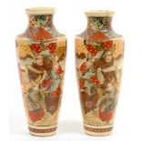 A PAIR OF JAPANESE SATSUMA EARTHENWARE VASES OF TAPERED CYLINDRICAL SHAPE, 33CM H, EARLY 20TH C, ONE