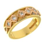 WELSH GOLD. AN 18CT GOLD RING SET WITH A LINE OF FIVE DIAMONDS, MAKER CD, St ABOVE, DRAGON MARK,
