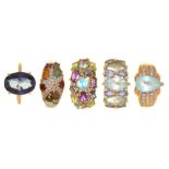 FIVE GEM SET 9CT GOLD RINGS, INCLUDING TWO AQUAMARINE RINGS, A TOPAZ RING AND TWO MULTI GEM RINGS,