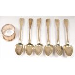 A SET OF SIX GEORGE III SILVER TEASPOONS, LONDON 1811 AND A GEORGE V SILVER NAPKIN RING,