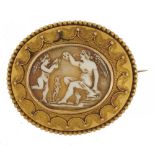 A SHELL CAMEO BROOCH, MID 19TH C, of gods at play, in gold cannetille mount, 4 x 3.5 cm, 9.5g++