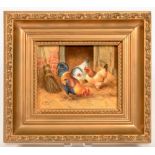 AN ENGLISH PORCELAIN PLAQUE, PAINTED BY F. CLARK AFTER EDGAR HUNT, WITH POULTRY, 9 X 11CM