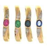 A HARLEQUIN GROUP OF FOUR 9CT GOLD RINGS COMPRISING TWO SAPPHIRE AND DIAMOND RINGS, A RUBY AND