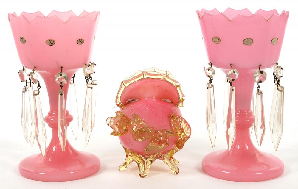 A PAIR OF VICTORIAN PINK GLASS LUSTRES WITH PRISMATIC CUT DROPS, 17.5CM H AND A LATE VICTORIAN GLASS