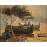 A SEPIA PRINT IN ARCHITECTURAL OAK FRAME AND BRITISH SCHOOL, FISHING BOATS ON A SUNLIT BEACH,