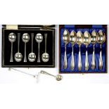 A SET OF SIX GEORGE V SILVER COFFEE SPOONS, SHEFFIELD 1926, CASED, AN EDWARD VIII SILVER PUSHER,