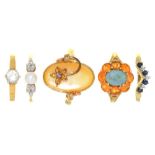 FIVE GEM SET 9CT GOLD RINGS, INCLUDING AN OPAL AND FIRE OPAL CLUSTER RING, A PEARL AND DIAMOND