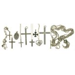 MISCELLANEOUS SILVER JEWELLERY INCLUDING SEVEN SILVER CROSS PENDANTS, TWO ON SILVER CHAINS, TWO