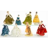 EIGHT ROYAL DOULTON BONE CHINA FIGURES OF YOUNG LADIES, 19CM H AND CIRCA, PRINTED MARK