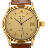 A LONGINES AUTOMATIC GOLD PLATED GENTLEMAN'S WRISTWATCH, LEATHER STRAP, 35 MM DIAMETER, CASED++