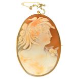 A VICTORIAN SHELL CAMEO OF A CLASSICAL LADY, IN GOLD MARKED 9CT, 6 CM L++IN GOOD CONDITION