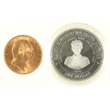 GOLD COIN. SOVEREIGN 1904 AND A BARBADOS ONE DOLLAR SILVER COIN 1994 (2)