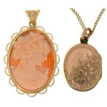 A SHELL CAMEO PENDANT IN 9CT GOLD, 30 MM L APPROX, AND A GOLD PLATED LOCKET ON GOLD PLATED CHAIN++