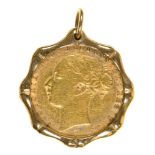 GOLD COIN. SOVEREIGN, 1872, IN GOLD MOUNT, 10.5G++LIGHT WEAR CONSISTENT WITH AGE