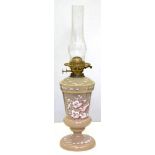 A VICTORIAN ENAMELLED MUSHROOM GLASS OIL LAMP, ATTRACTIVELY PAINTED IN WHITE AND PUCE ENAMEL WITH