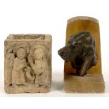 A CARVED STONE VASE OF RECTANGULAR SHAPE WITH ANGEL AND SAINT, 14CM H AND A SPELTER AND ALABASTER