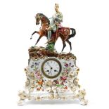A FRENCH TROUBADOUR STYLE PORCELAIN CLOCKCASE IN THE FORM OF AN ARMORED KNIGHT ON HORSEBACK, THE