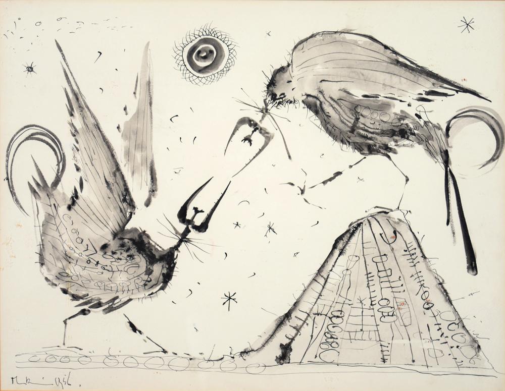 MARK HUSKINSON, A DISPUTE, SIGNED AND DATED '56, PEN, INK AND GREY WASH, 45 X 58CM