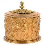 A VICTORIAN PLATED OVAL BISCUIT BOX, THE ELECTRO FORMED SLEEVE WITH NYMPHS AND SATYRS, 22CM H, LATER