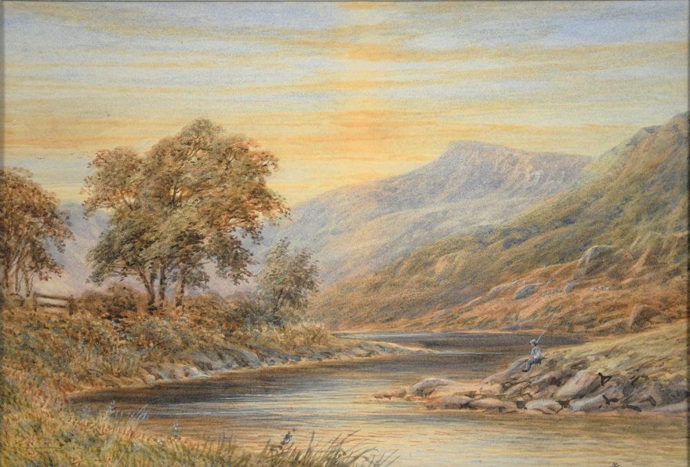 J. MORRIS, 19TH C, MOUNTAINOUS LANDSCAPES WITH A FIGURE, SET OF THREE, ALL SIGNED, WATERCOLOUR, 24.5 - Bild 2 aus 4