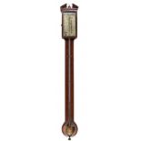 A GEORGE III EXPOSED TUBE MAHOGANY, EBONY AND SYCAMORE LINE INLAID STICK OR CISTERN BAROMETER, J