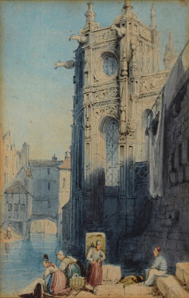 BRITISH SCHOOL, 19TH C THE CHURCH OF ST PIERRE CAEN, WATERCOLOUR, 13 X 9CM, TWO OTHER 19TH C ENGLISH