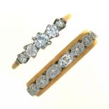 A FIVE STONE DIAMOND RING IN GOLD MARKED 18, AND A DIAMOND BAND RING IN GOLD MARKED 18CT AND PL, 4.