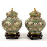A PAIR OF CHINESE CLOISONNÈ ENAMEL JARS AND COVERS, WITH DOG OF FO FINIAL, 27CM H, 20TH C, WOOD
