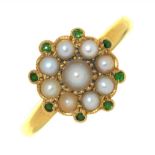 AN EDWARDIAN SPLIT PEARL AND DEMANTOID GARNET RING, IN GOLD MARKED 18CT, 4G, SIZE M++GOOD CONDITION