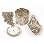 A SWISS SILVER CYLINDER WATCH, 3.5 CM DIAM, ON A SILVER CHAIN, A CONTINENTAL SILVER SCENT FLASK, 7