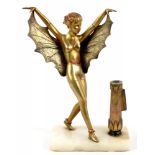 AN ART DECO SPELTER GILT FIGURAL LIGHTER IN THE FORM OF A BAT GIRL, ON ALABASTER BASE, 29CM H,