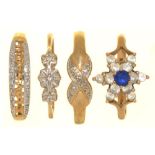FOUR GEM SET RINGS IN 9CT GOLD, INCLUDING THREE DIAMOND RINGS, 7G, SIZE N - P++LIGHT WEAR CONSISTENT