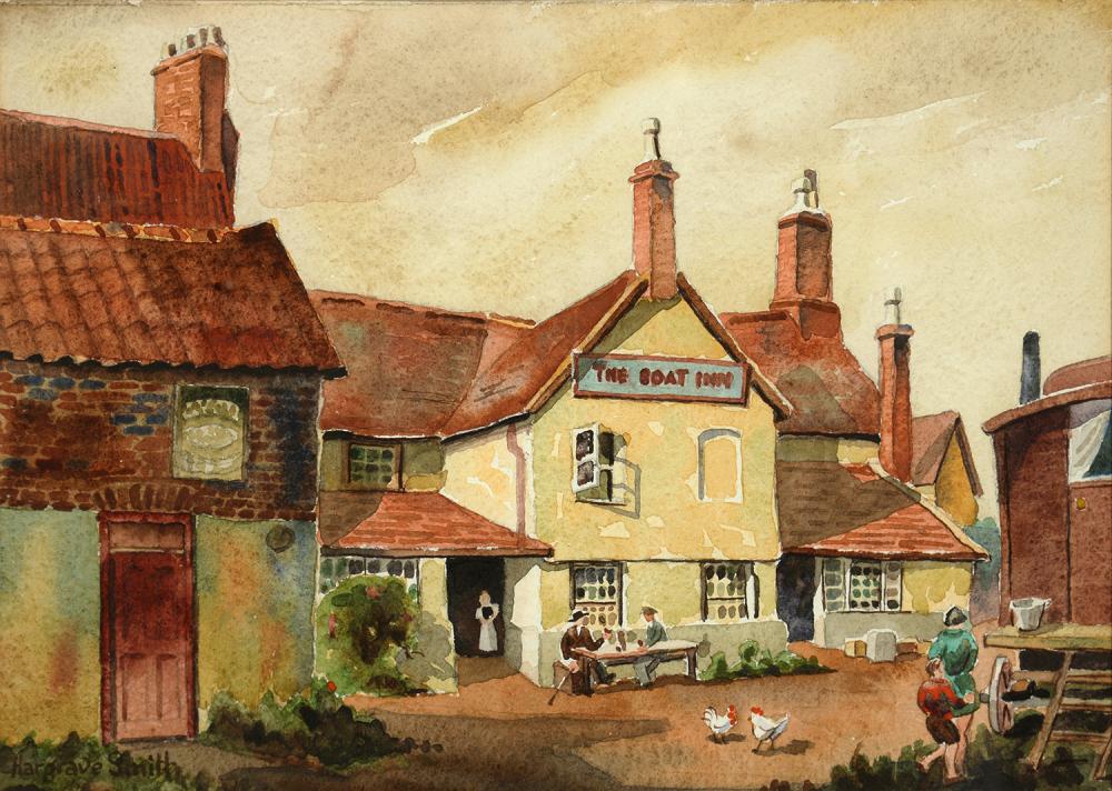 T. HARGRAVE-SMITH, THE BOAT INN WOODBRIDGE, SIGNED, WATERCOLOUR, 25.5 X 37CM AND CONTINENTAL SCHOOL,