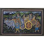 A DECORATIVE INDIAN PAINTED TEXTILES, ONE WITH DIGNITARIES AND RICHLY CAPARISONED ELEPHANT, 25 X