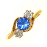 A OLD CUT DIAMOND AND SAPPHIRE RING, IN GOLD MARKED 18C, 2.5G, SIZE K++LIGHT WEAR CONSISTENT WITH