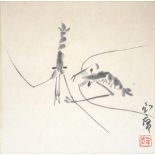 A CHINESE DRAWING, SHRIMPS, SIGNED WO-HU, SEAL ZHONG-CHONG, 34.5 X 34.5CM EXCLUDING SILK SELVEDGE