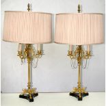 A PAIR OF 19TH C FRENCH GILT BRASS CANDELABRA, ADAPTED AS TABLE LAMPS ON SLATE FOOT, 50CM H, WITH