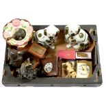 MISCELLANEOUS BYGONES AND WORKS OF ART, TO INCLUDE A BRASS MOUNTED WALNUT INKWELL, JAPANESE IVORY