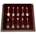 THE QUEEN'S BEASTS SPOONS. A SET OF TEN ELIZABETH II SILVER SPOONS, BIRMINGHAM 1977, CASED, 16OZS