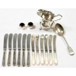 MISCELLANEOUS SILVER ARTICLES, INCLUDING SILVER HAFTED FLATWARE, A PAIR OF JAPANESE SILVER SALT