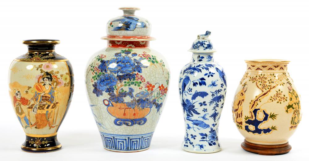 A CHINESE BLUE AND WHITE EARTHENWARE VASE AND COVER, 20TH C, KANGXI MARK, A SATSUMA VASE AND TWO